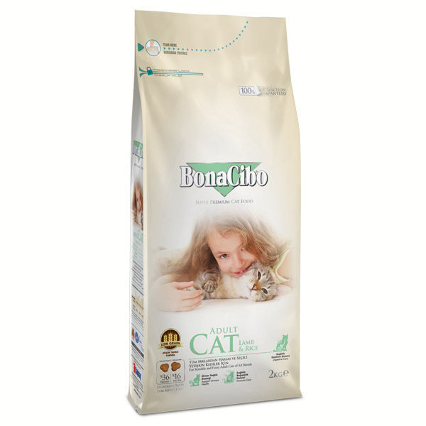 غذای خشک گربه بوناسیبو طعم برنج و بره ۲ کیلوگرمی